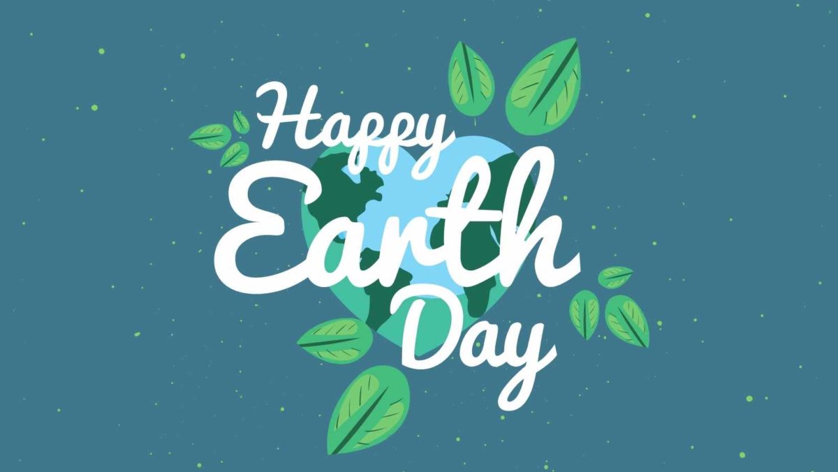 "Happy Earth Day" is written over a heart-shaped earth, surrounded by leaves.